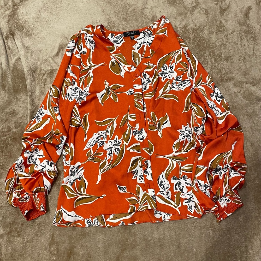 RD + Koko Women’s Large Boho Floral Print Top Long Sleeve Smocked Cuffs